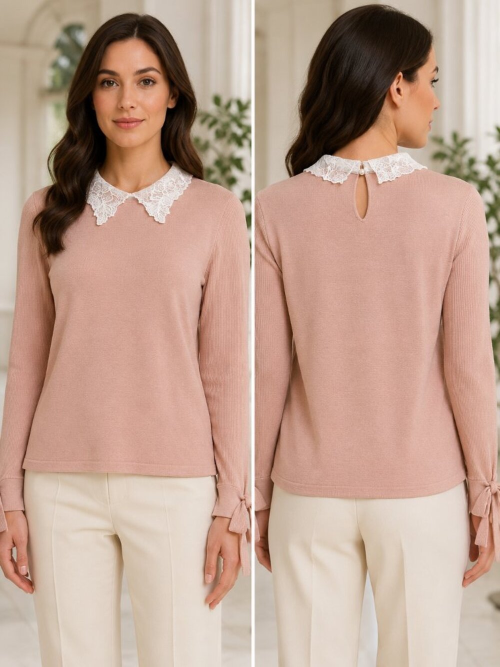 Karl Lagerfeld Pink Lace Collar Knit Top L
